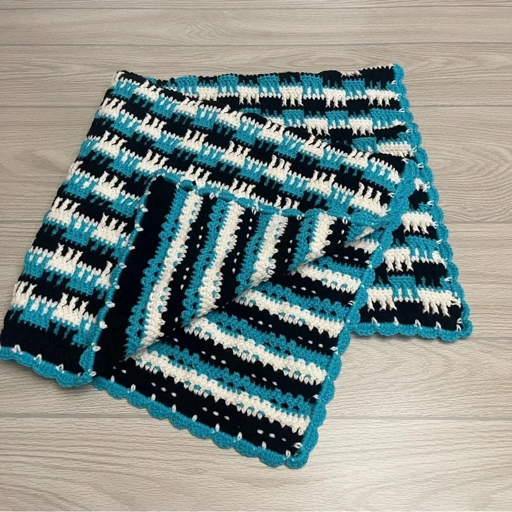 Hand Crochet Teal White Black Acrylic Baby Blanket 38”W x 40”L